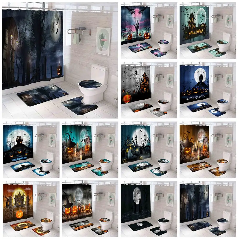 Dry Wet Separation Curtain Shower Curtain Set Spooky Bathroom Decor Set Halloween Castle Pumpkin Shower Curtain with Non-slip