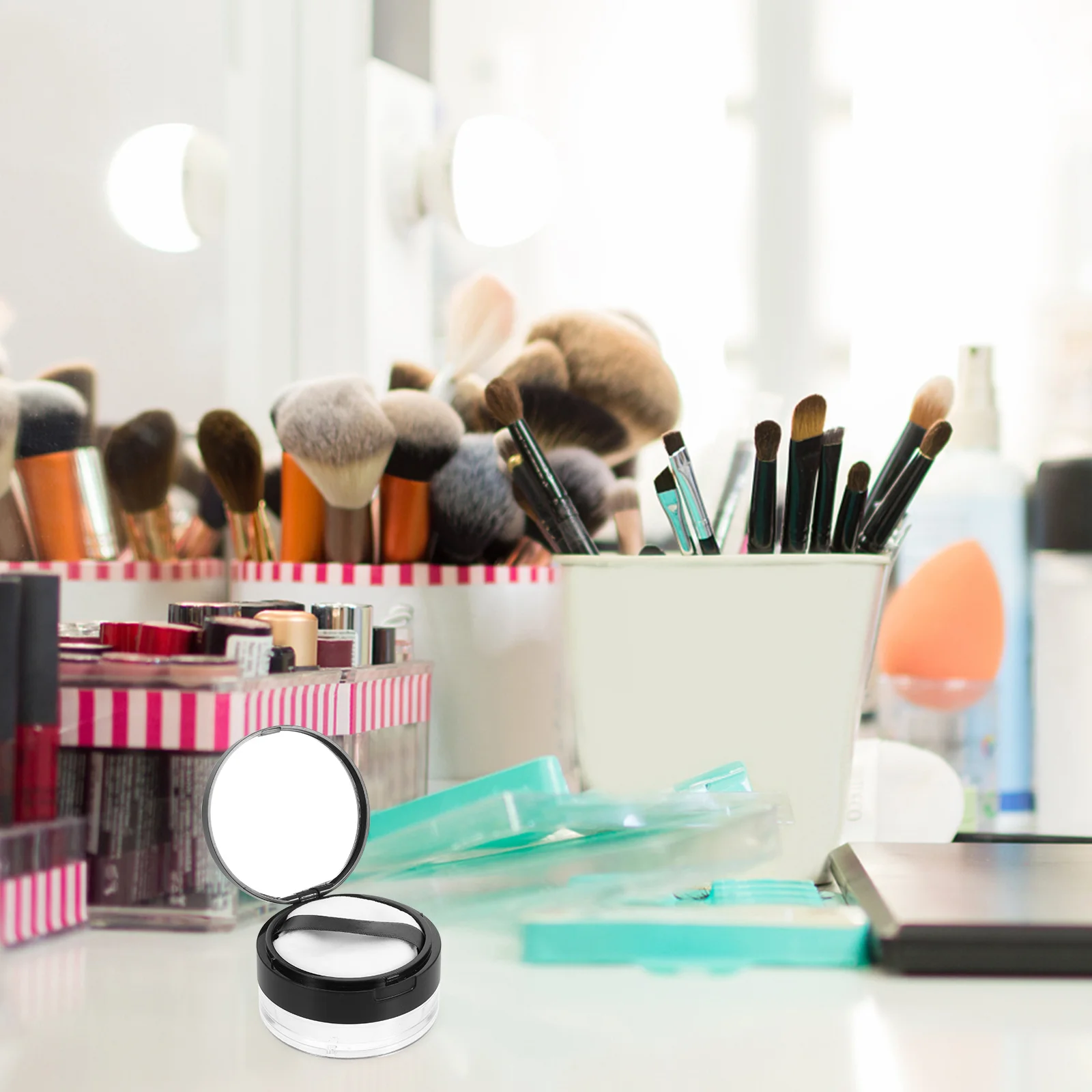 

2Pcs Portable Powder Case Makeup Compact Container Black Travel Storage with Mirror and Puff Empty Powder Box