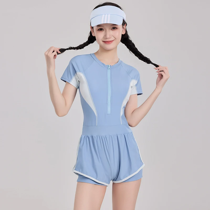 Traje de baño de manga corta para niña, conjunto de tankini para piscina, falda de baño para adolescente, 1 pieza, 2024