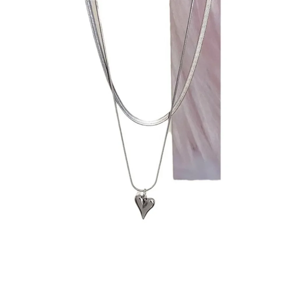 Charm Stainless Steel Double Layer Peach Heart Pendant Necklace Jewelry for Women Cute Cool Clavicle Chain Aesthetic Y2k Jewelry