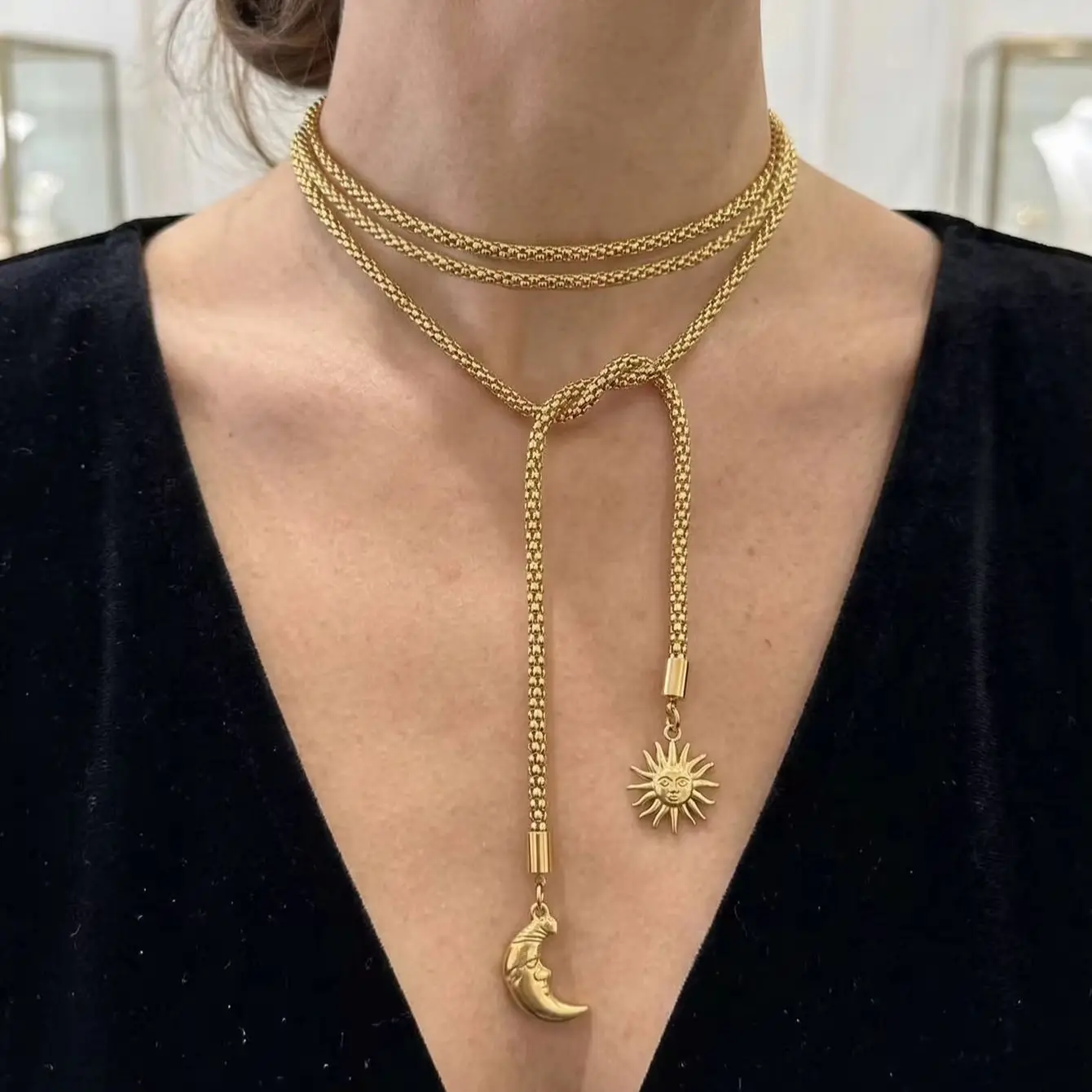 Double Layer Gold Chain Necklace for Women Pull Adjustable Design Sun & Face Moon Pendant Daily Layering Neck Jewelry Gift