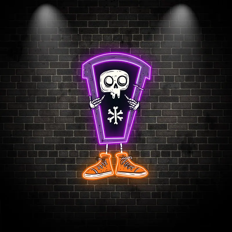 Skeleton in Coffin Neon Light Sign, Fun & Spooky Halloween Design with Sneakers, Perfect for Halloween Party & Haunted House