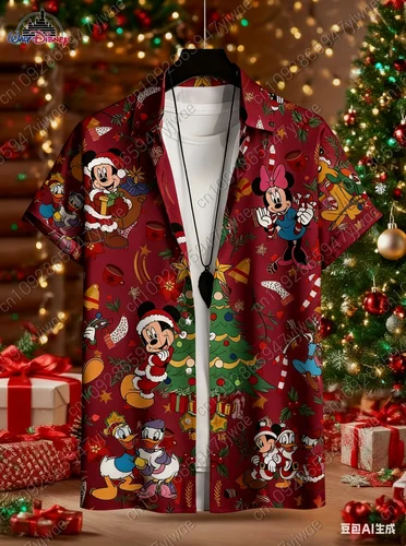 Imagen 2 del producto Camisa navideña con solapa de manga corta y estampado de Mickey Minnie para hombre, camisas informales con botones para uso diario en verano