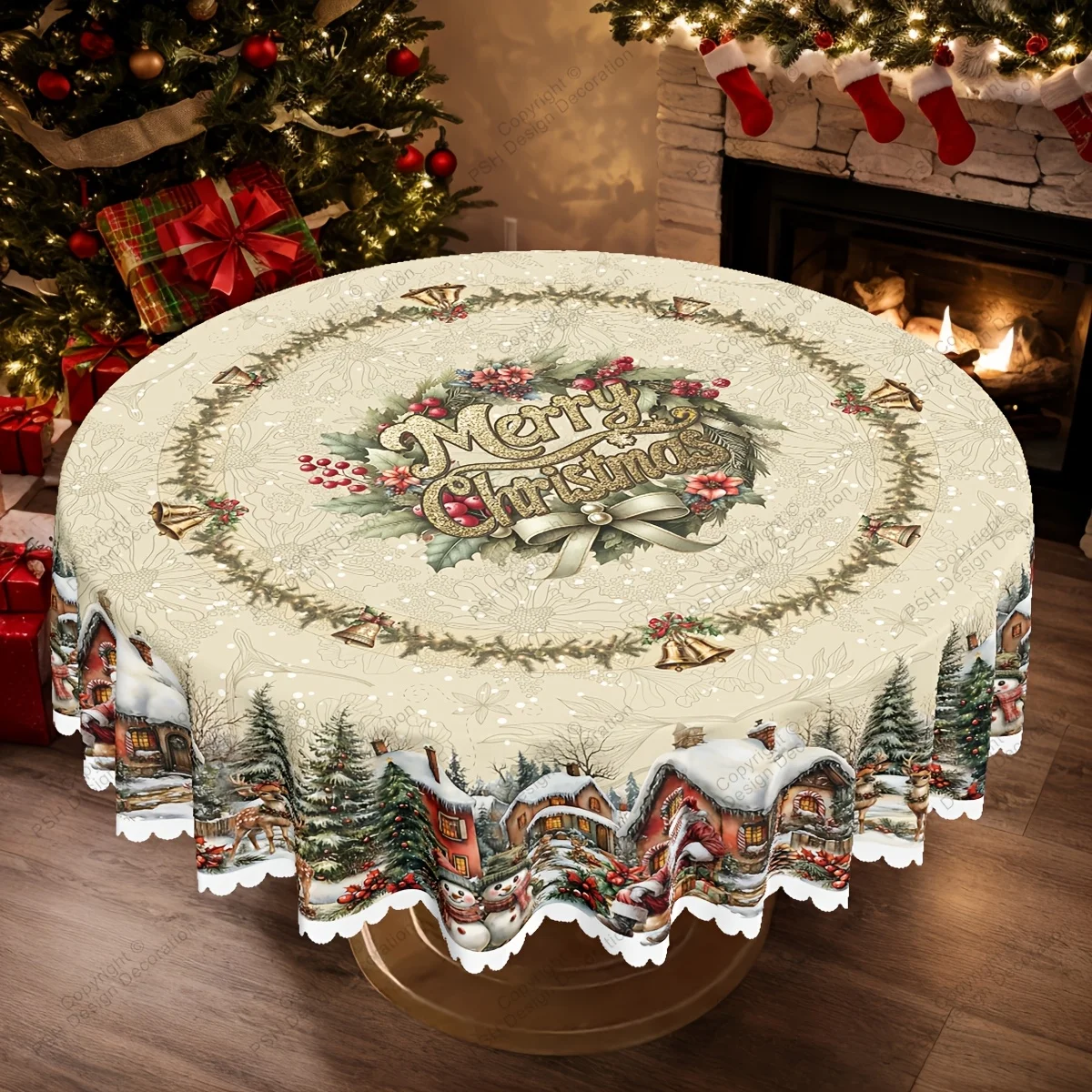 One-piece Christmas and New Year theme tablecloth, Santa Claus, snowman and Christmas tree tablecloth