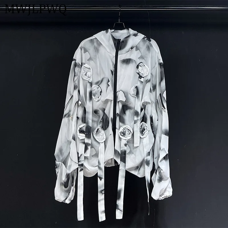 

MWJLPWQ Ink Painting Design For Men Hooded Shirt 2025 New Autumn Contrast Color Niched Lace Up Loose Casual Women Tops 11130