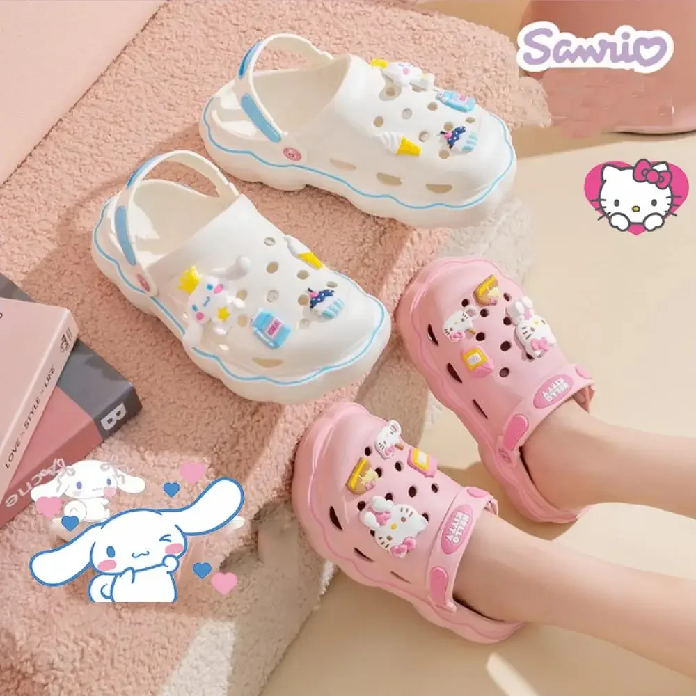 Sanrioed Y2K Hello Kitty Slippers Hole Sandals for Women Anime Kawaii Cinnamoroll Kuromi Eva Thick Bottom Heightening Casual