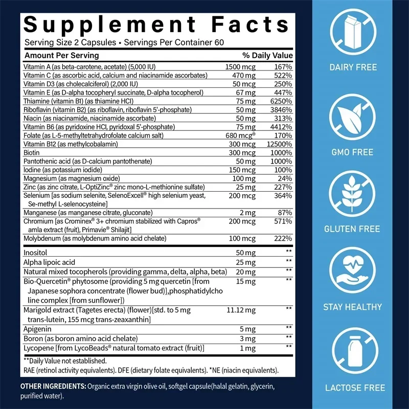 Multivitamina de dois dias - Saúde dos olhos, ossos e cardíacos, suporte para cérebro e coração, níveis de energia saudável