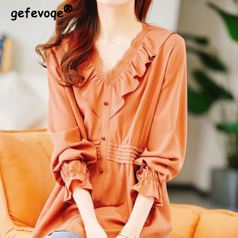 

Wood Ear Edge Splicing V-neck Solid Color Women's Top Spring Autumn Solid Color Single Breasted Loose-fitting Chiffon T-Shirt