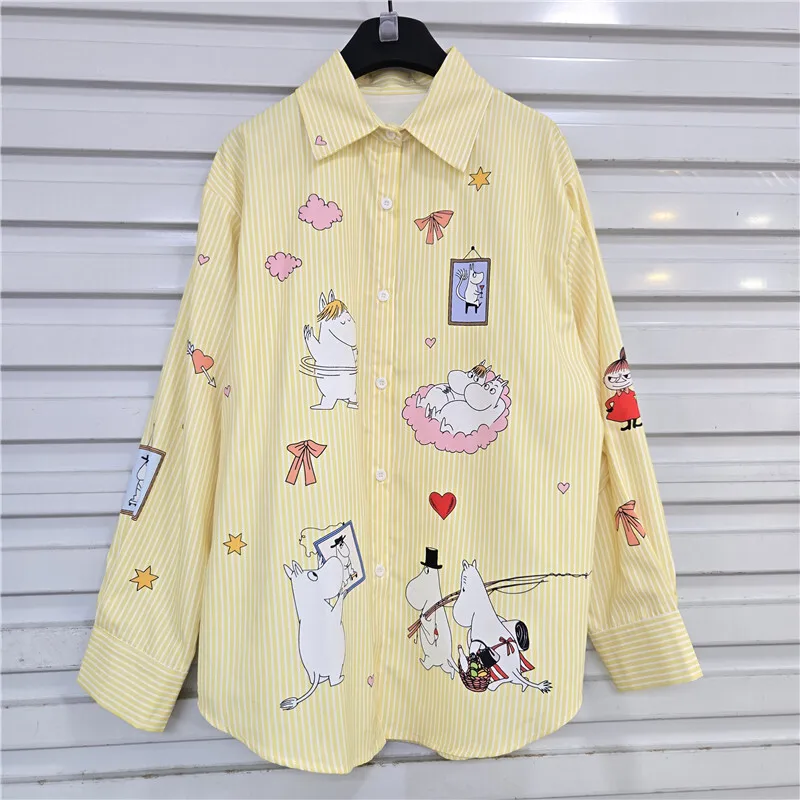 WTHT موضة جديدة للمرأة الكرتون طباعة مخطط تصميم قميص 2025 الصيف العصرية التلبيب بلوزة بأكمام طويلة الإناث 1LS2244