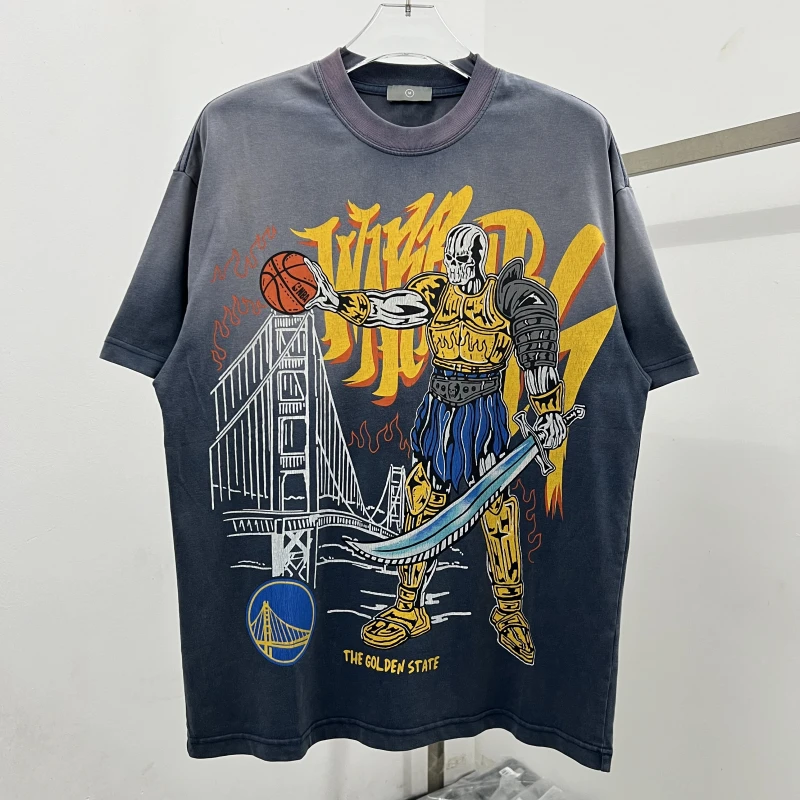 

Vintage American Waed Dyeing Anime Sle Golden State Warriors Baskeall Print T-irt ex Cotton ort Sve Casual Wear