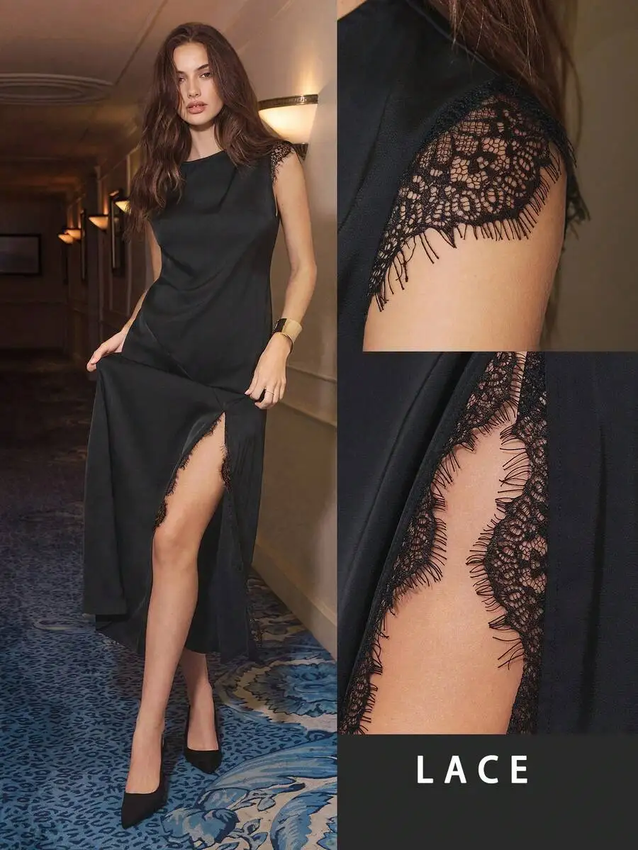 

Black Lace Detail High Slit Cap Sleeve Round Neck Evening Dress For Party