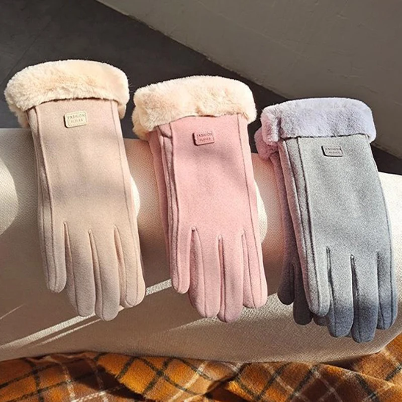 Winter Women's Warm Riding With Velvet Touch Screen Thickened Plush Wrist Suede Embroidery Suede German Velvet Student Gloves