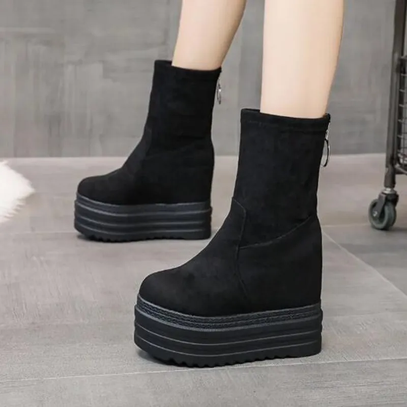 2025 Designer Winter Women Wedges Ankle Boots High Top Booties Platform Thick 12cm High Heel Shoes Black Casual Boot Botas Mujer