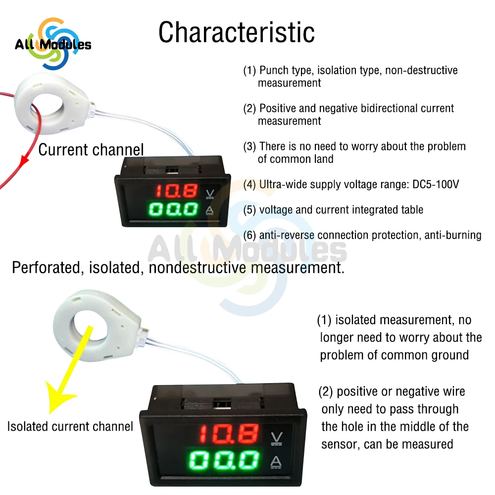 Imagem -03 - Transformador de Corrente dc Sensor de Hall Corrente Bidirecional dc 300v Testador de Medidor de Corrente de Tensão Painel de Exibição Led Duplo