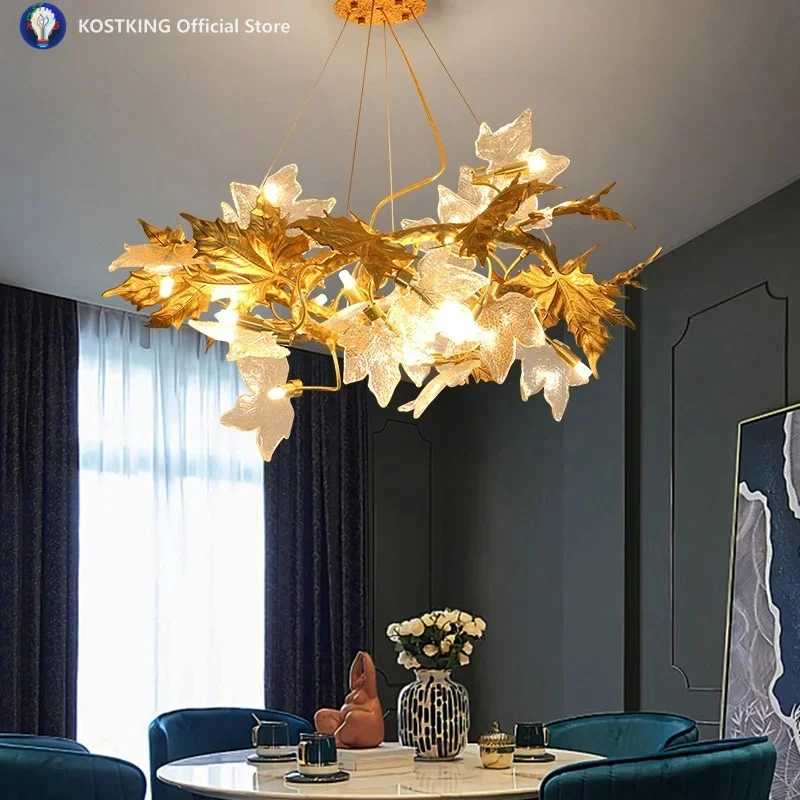 Luxury Copper Tree Branch Chandelier With Maple Leaf Glass Lamp Shade For Living Room Kitchen Table Gold Leaves Pendant Lights