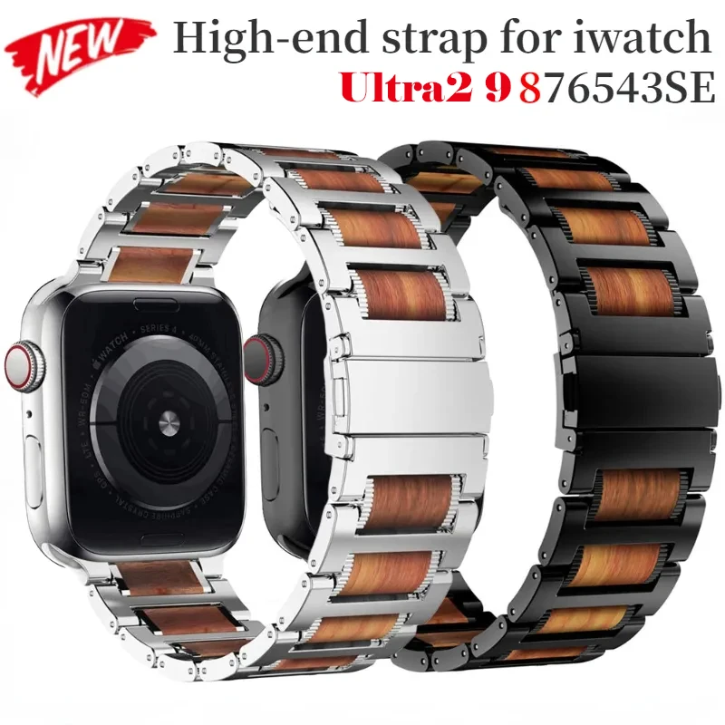 Wooden Red Sandalwood Strap for Apple Watch Ultra 2 9 8 7 45mm 44mm 42mm Stainless Steel Link Bracelet iWatch 6 SE 41mm 40 38mm