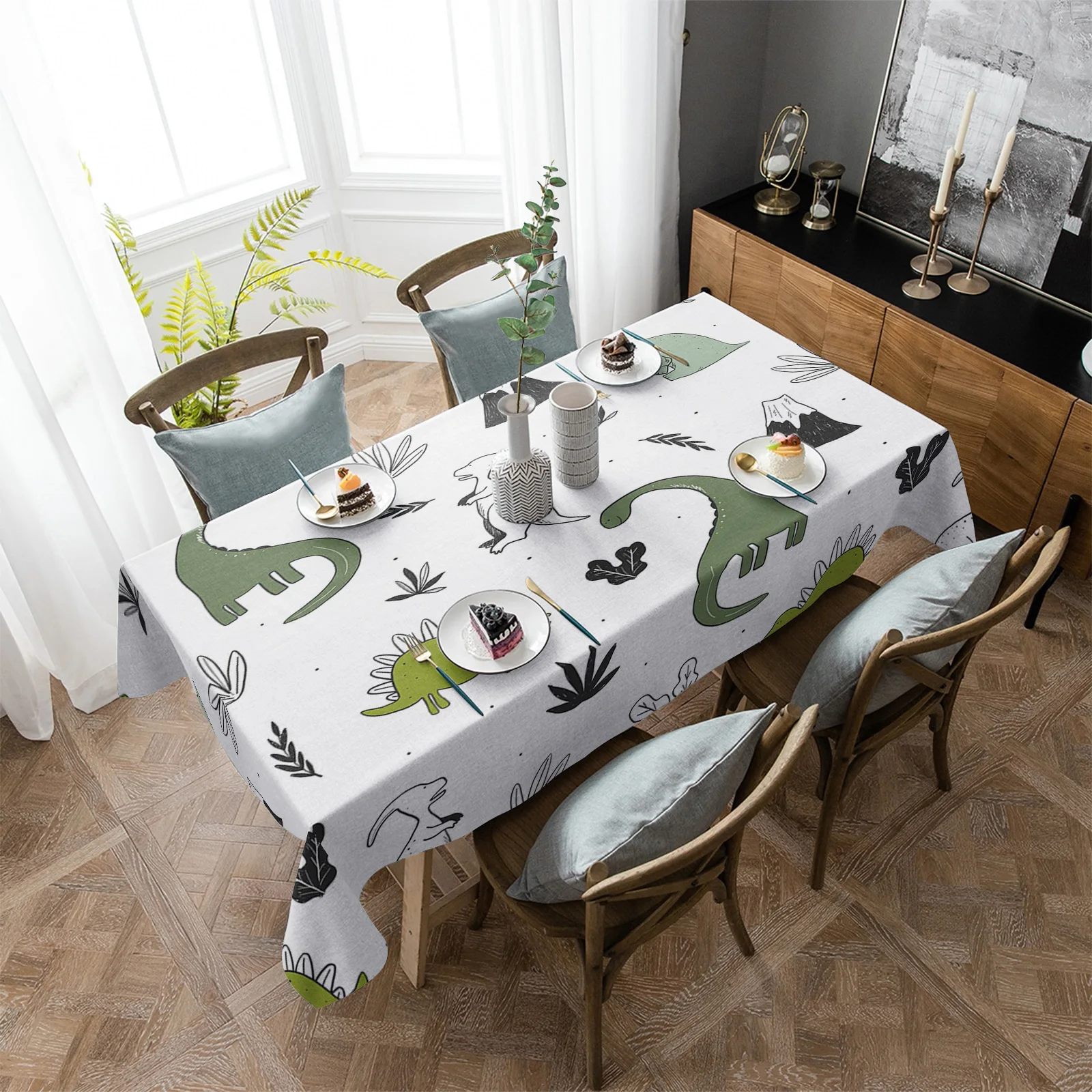 

Animal Green Dinosaur Plant Waterproof Tablecloth Party Decorations Supplies Rectangle Table Cloth for Kitchen Table Decor