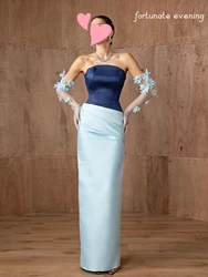 Fortunate Evening Elegant Vintage Sweet Blue Satin Beads Flowers Strapless Gloves Formal Occasion Prom Dress Evening Party Gowns