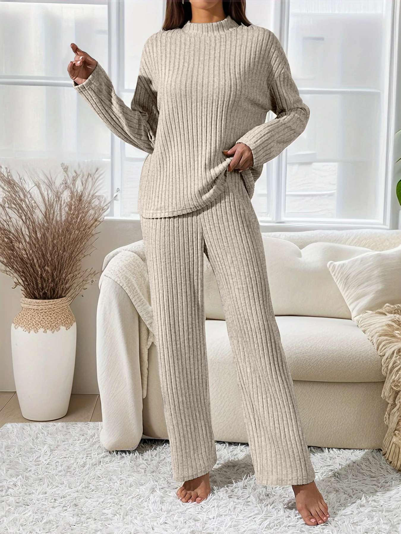 A new set of knitted pit strip all-in-one home casual outfit-slim stand collar long sleeved loose wide leg trousers