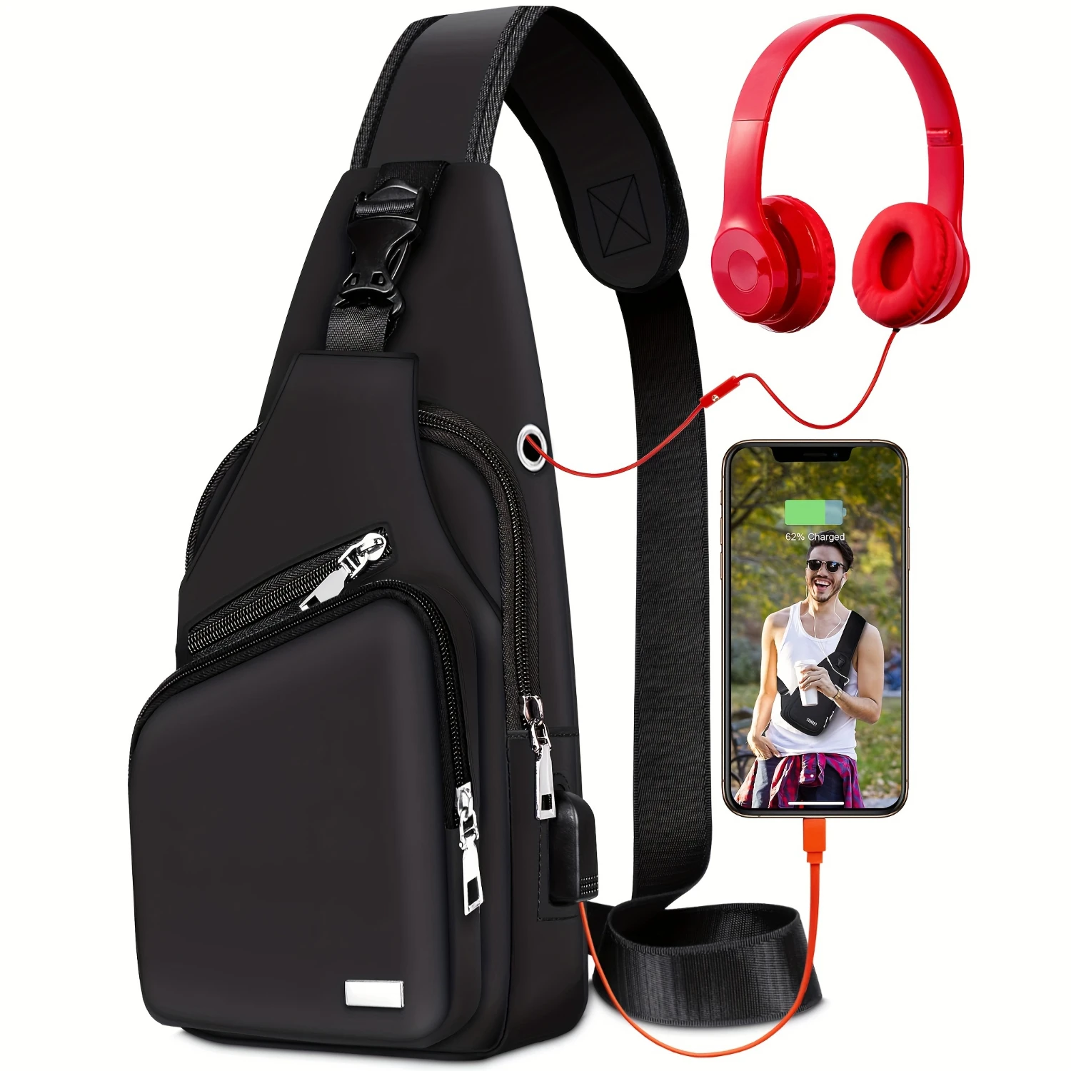 1Pcs Waterproof Sling Bag Crossbody Backpack for Men Women Sling Backpack Hiking Daypack Multipurpose Cross Body Chest Bag (Blac