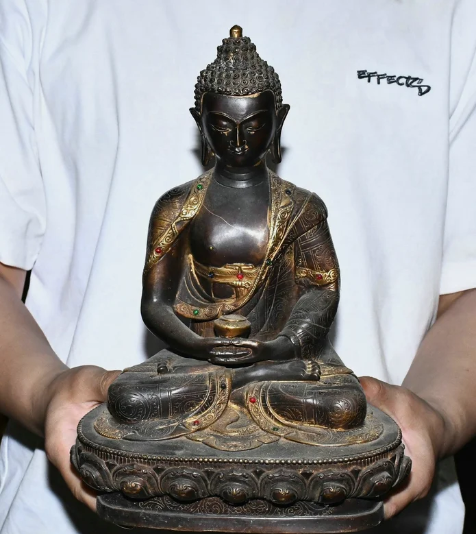 12.6'' Old Tibet Pure Bronze Gilt Shakyamuni Sakyamuni Amitabha Buddha Statue