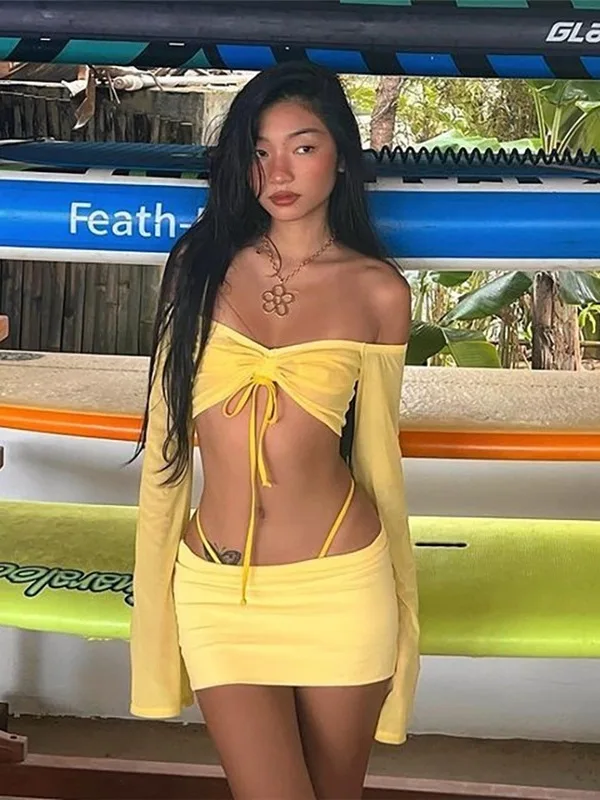 

Elsa Summer New Women's Beach Vacation Style Slim Fit One Shoulder Long Sleeve Fashion Half Skirt Set Women's Fashion Ensemble