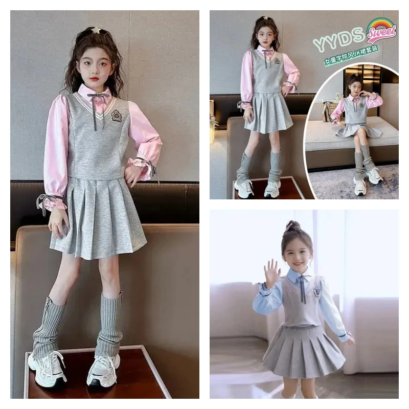 

Лидер продаж, модная рубашка для девочек, юбка, студенческая осенняя повседневная жилетка с героями мультфильмов, топы, плиссированная юбка, комплект из трех предметов, детская одежда