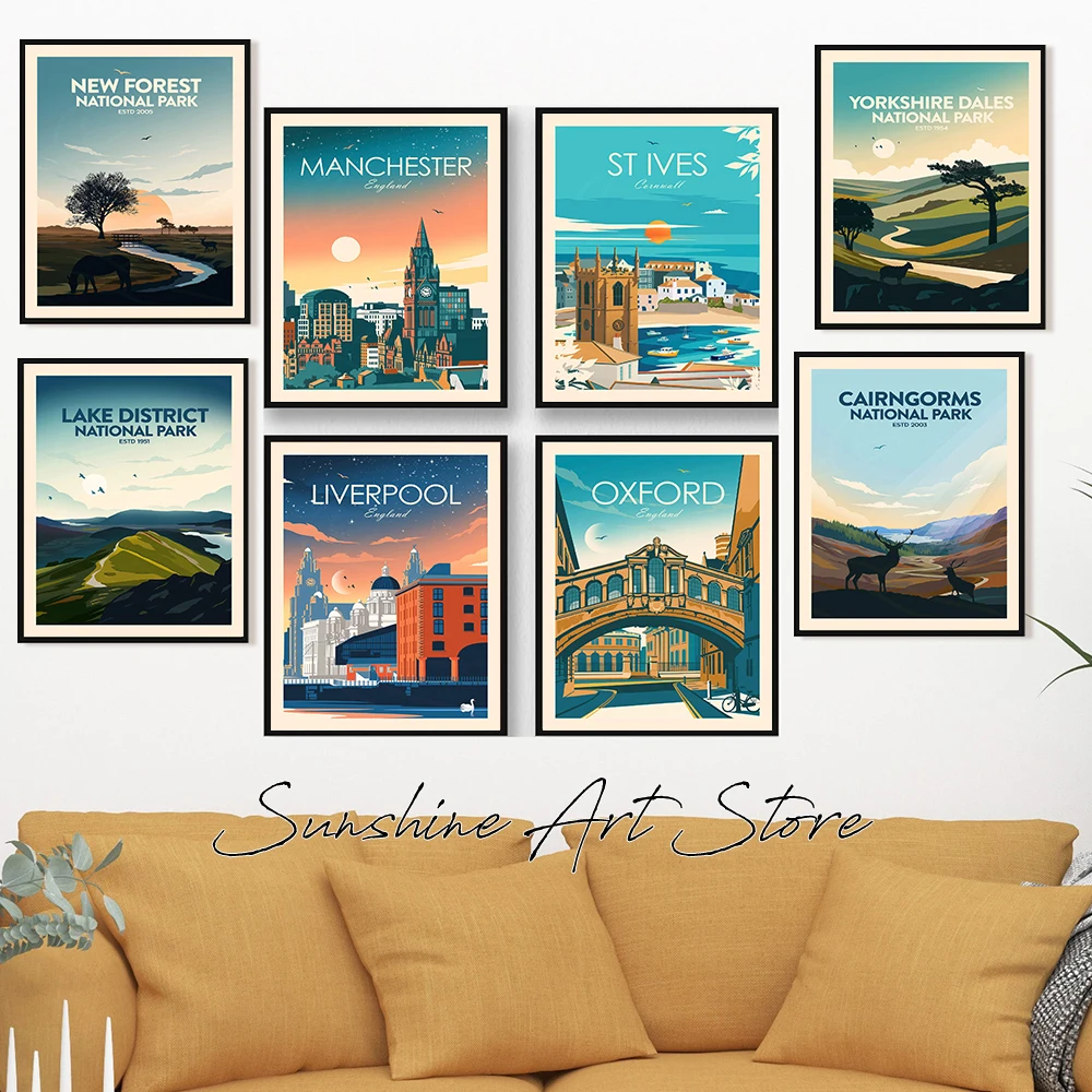 UK Nationalpark-Kunst St. Ives Cornwall Liverpool Cardiff Tenby Modernes Retro-Poster Leinwandbild UK Stadtlandschaft Wanddekoration für Zuhause