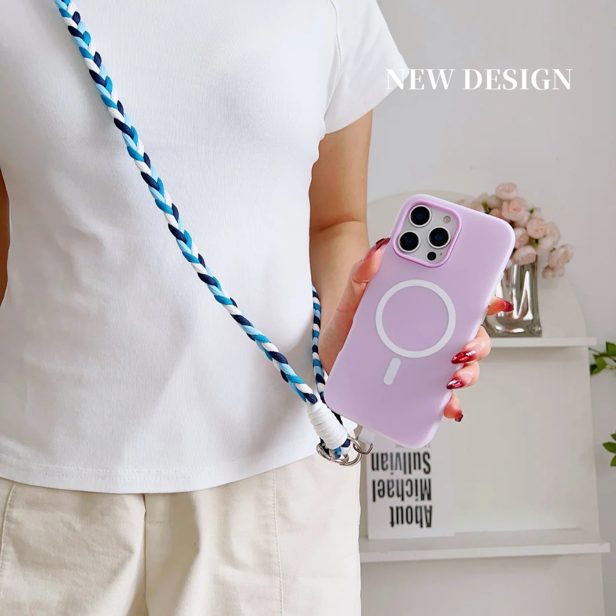 Cordón de teléfono de cuatro hebras tejido hecho a mano, cordón cruzado largo + espaciadores de conexión de funda de teléfono, 1 ud.