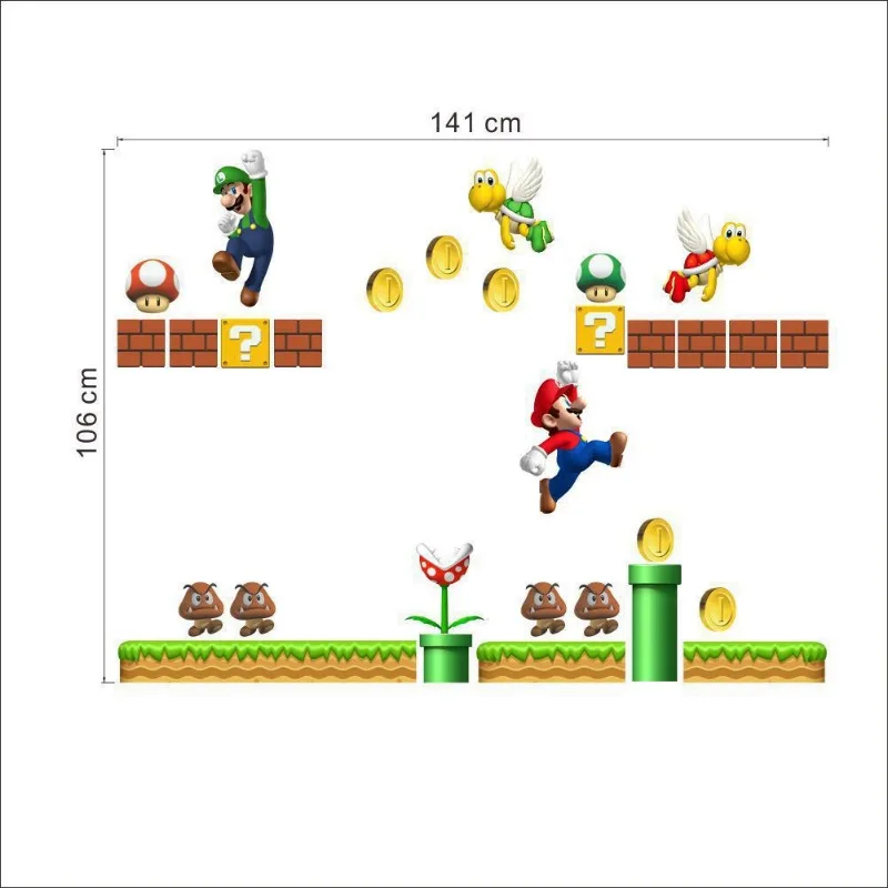 2pcs Super Mario Bros Wall Stickers Removable Cute Stickers Anime Figures Toy for Bedroom Living Room Kindergarten Children Gift