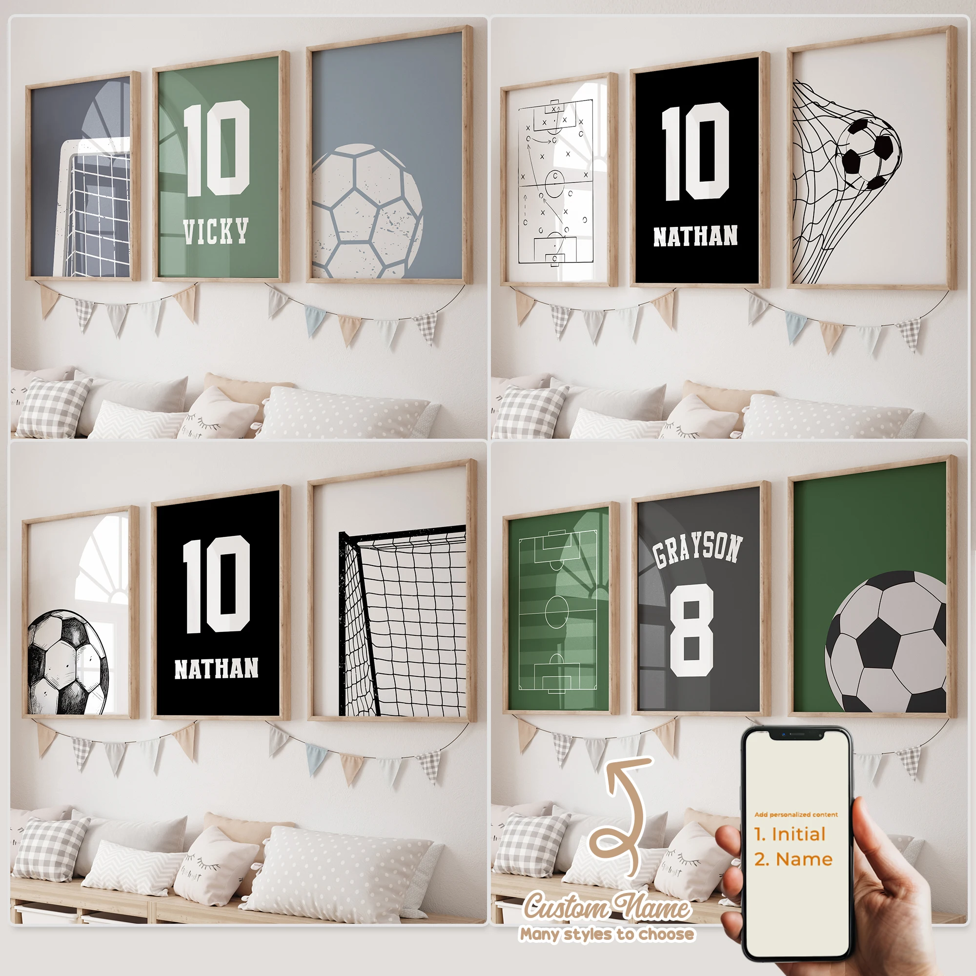 

3pcs Personalized Name Custom Jersey Number Football Soccer Wall Art Print Picture For Living Room Kids Boy Room Home Decor Gift