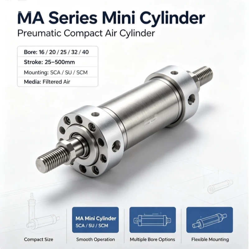 Sca Su Scm Mini Cylinder 16mm 20mm 25mm 32mm 40mm Bore 25-500mm Stroke Pneumatic Air Cylinder Industrial Machinery Parts