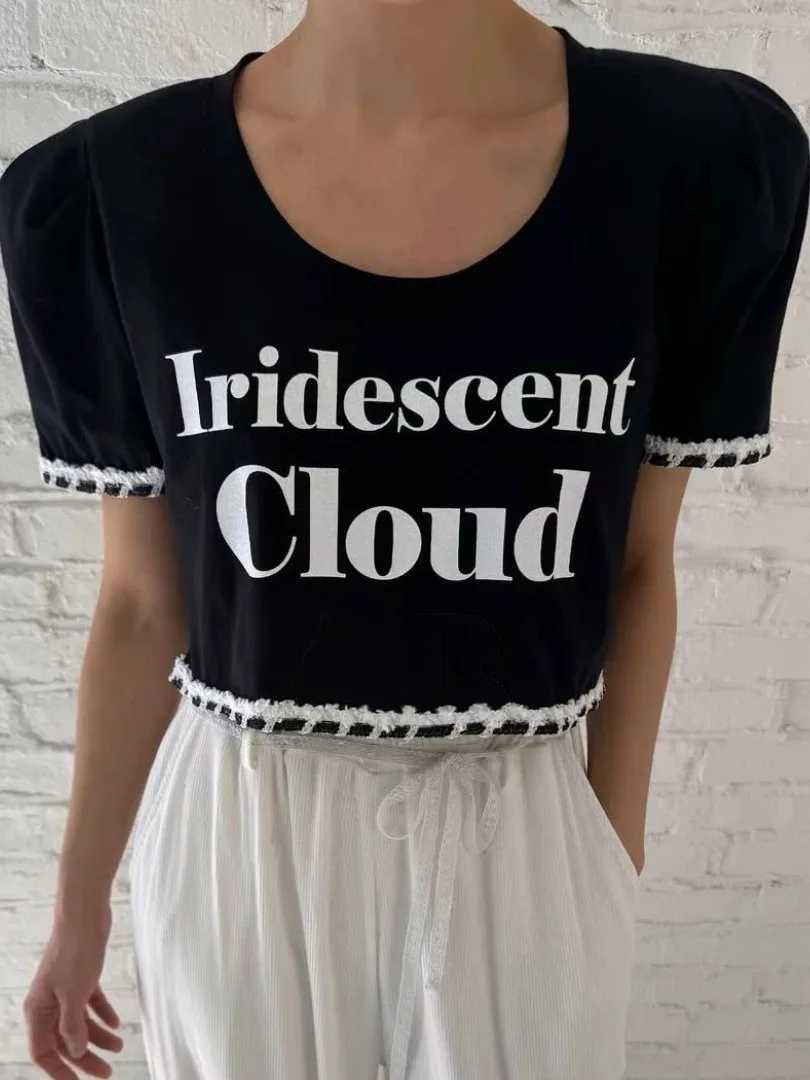 Cseta Informal Estilo Ins para Mujer, Nueva Cseta de Cuello Redondo y Manga Corta con Borde de Encaje y Estampado de Le...