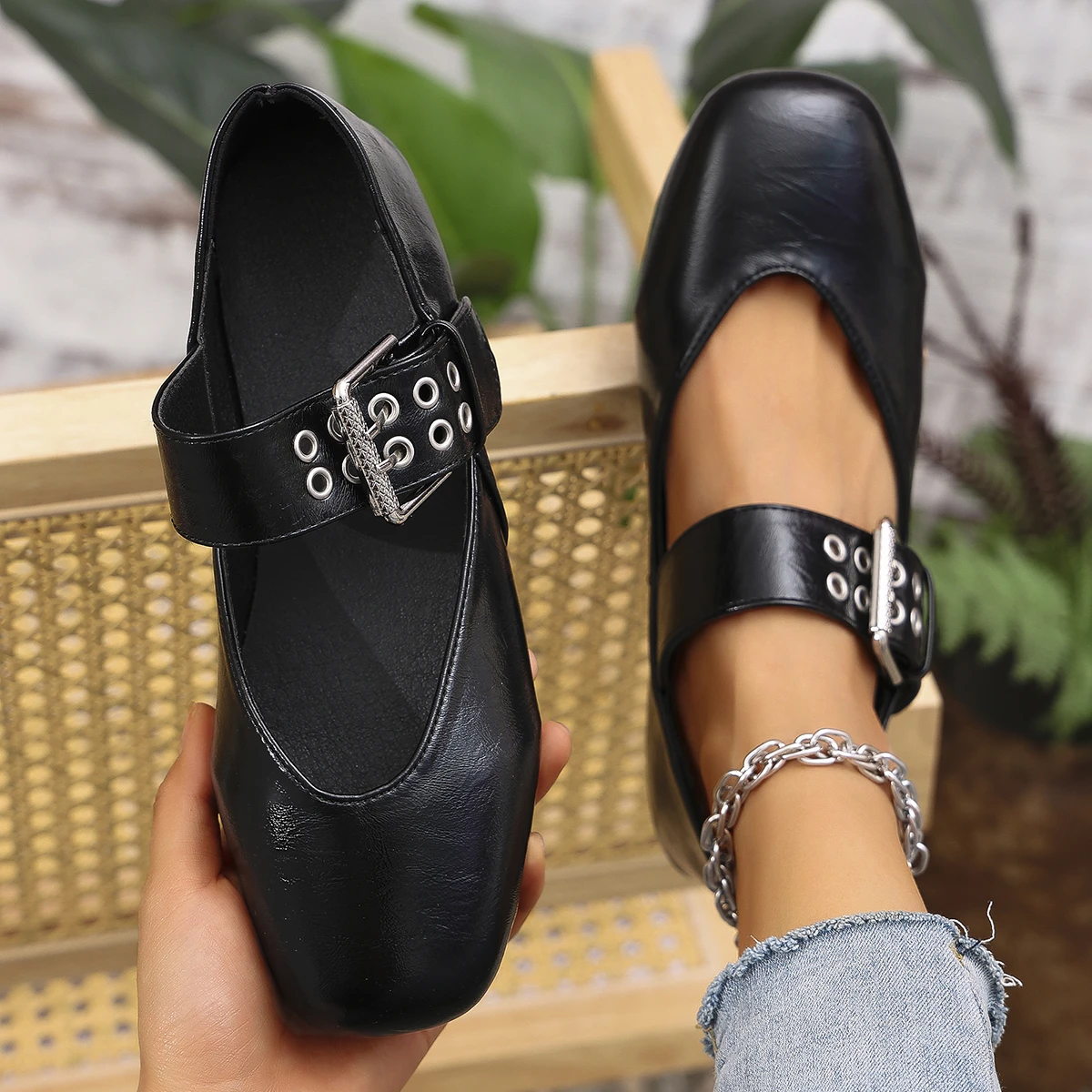 Women Ballet Flats High Quality Buckle Belt Decoration Sneakers Women Summer Square Toe Mary Jane Shoes Women Zapatos De Mujer