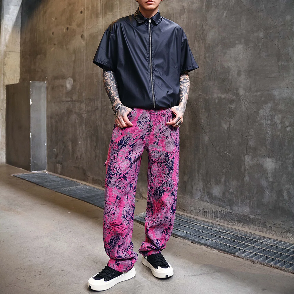 Men Jacquard Weave Denim Jeans Loose Wide Leg Pants Streetwear Hip Hop Purple Red Ripped Pattern Trousers