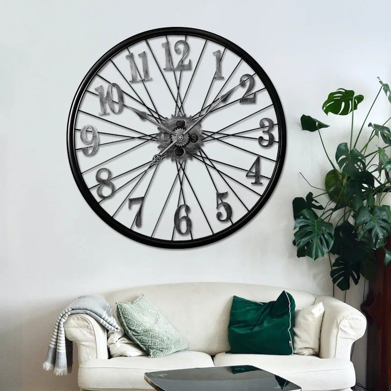 3D Retro Nostalgia Wall Clock Creative Wall Decor Clock Industrial Style Used Wheels Household Large Wall Watch