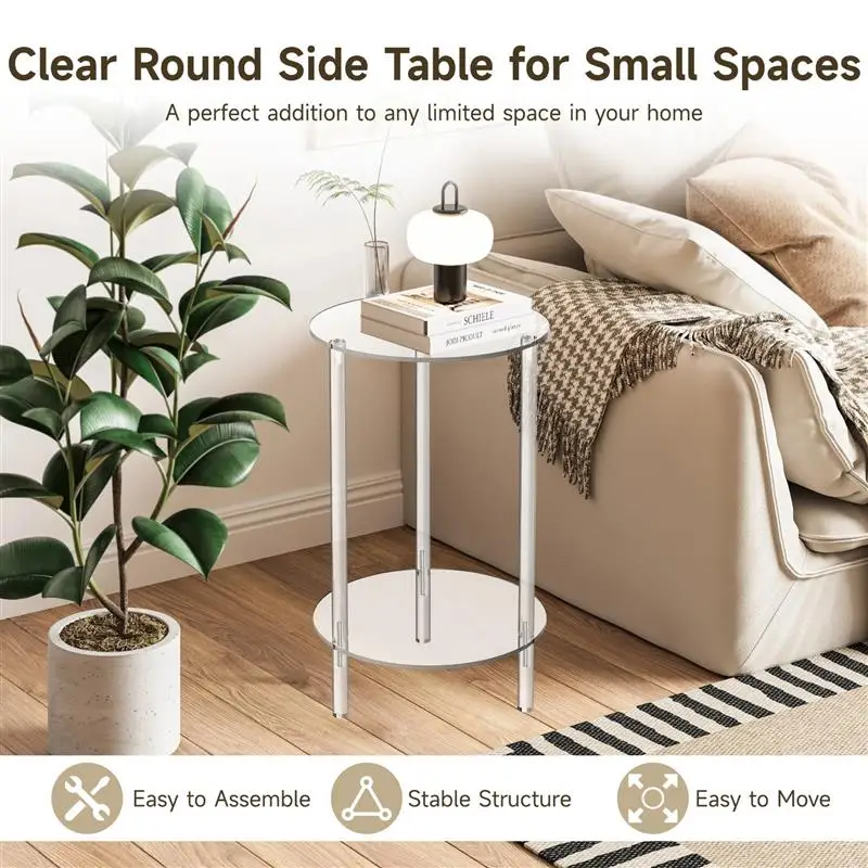 2-Tier Acrylic Round Side Table Coffee Table For Small Spaces Round Bedside Table Nightstand Small End Table Clear Side Table