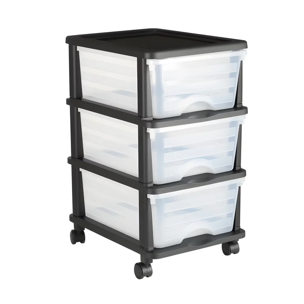 50L 3 Storage Drawer Cart, Clear Plastic Storage Drawers with Wheels， Sturdy Cart with 3 Bins for Office Supplies, Craft Rooms