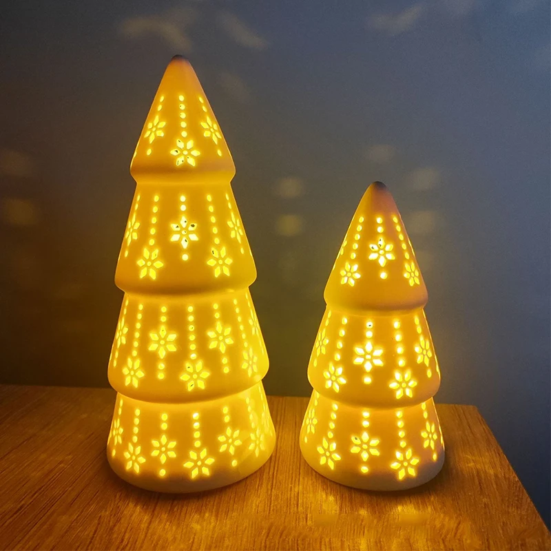 Glowing Ceramic Christmas Tree Light Decorations, White Porcelain Xmas Decoration, New Year Festival Bedroom Ornament Home Decor