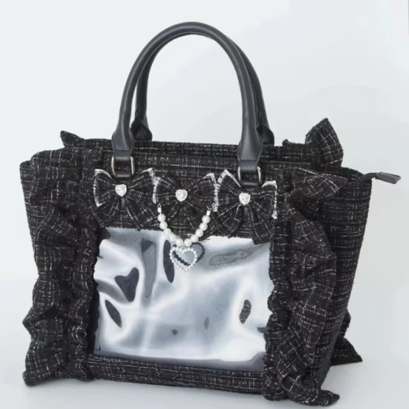 Japanese Sweet Bow Itabag,Women's Lace Pearl Heart Pendant bag Transparent Pocket Handbag Large Capacity tote Bag Lolita Handbag