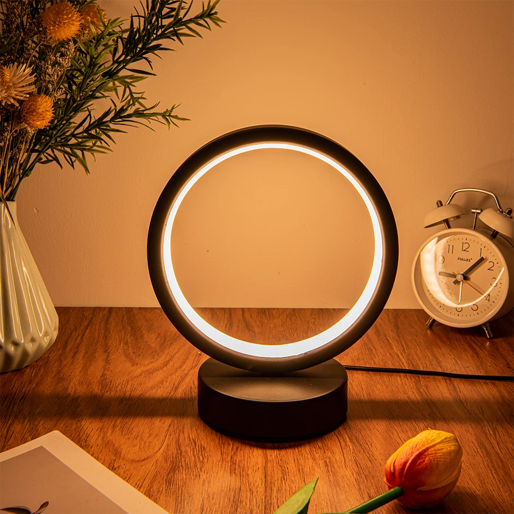 Nordic Style LED Table Lamp 5VUSB Plug Three Tone Light Circular Atmosphere Wrought Iron Design for Bedroom Study