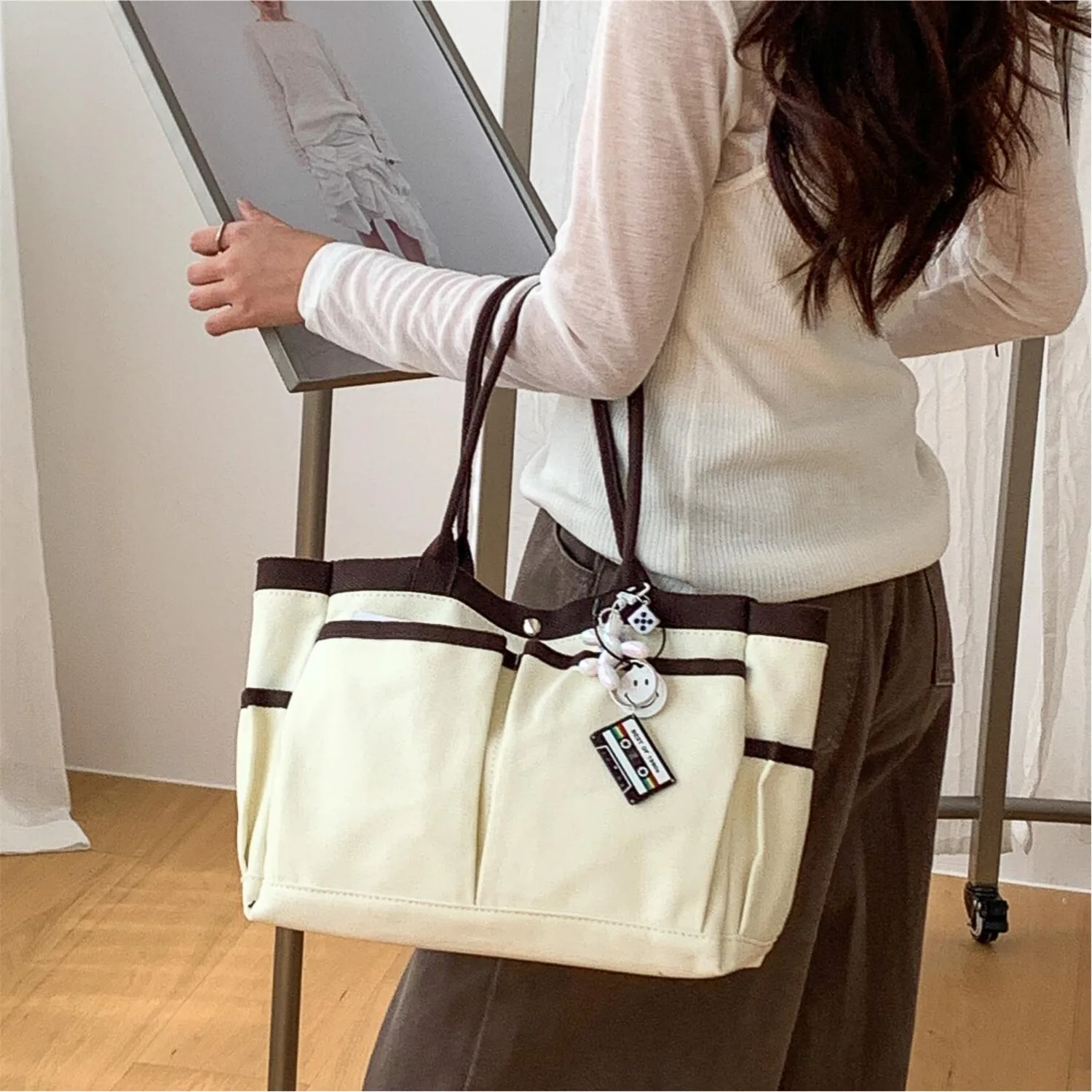 Casual Multi-pocket Tote Shoulder Bag Large Capacity Canvas Handbags and Purses Top-handle Shopping Tote Mommy Diaper Bag NEW