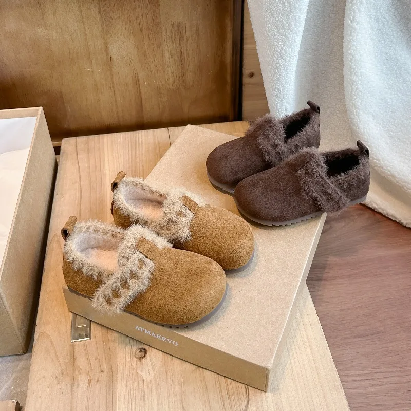 Toddler Girls Soft Flurry Leather Shoes 2026 New Winter Kid Warm Moccasins Non-slip Trendy Retro Style School Outdoor Daily Wear