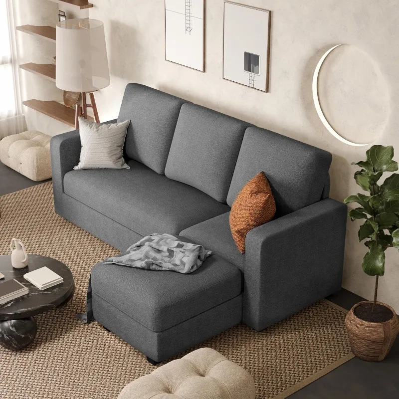 

Convertible Sectional Sofa Couch, Fabric L-Shaped Sofa with 3 Seats, Removable Ottoman, Small Sofa for Small Apartments