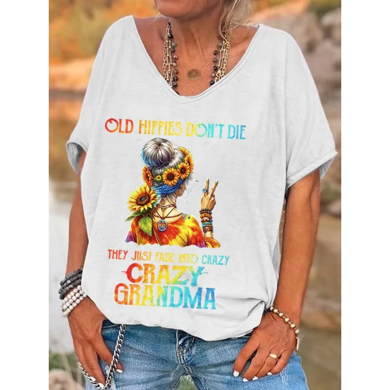 ilstile Women's Crazy Old Hippie Print T-Shirts Summer Beach Short Sleeve T Shirt Casual Loose V Neck Tops Tees New Arrival