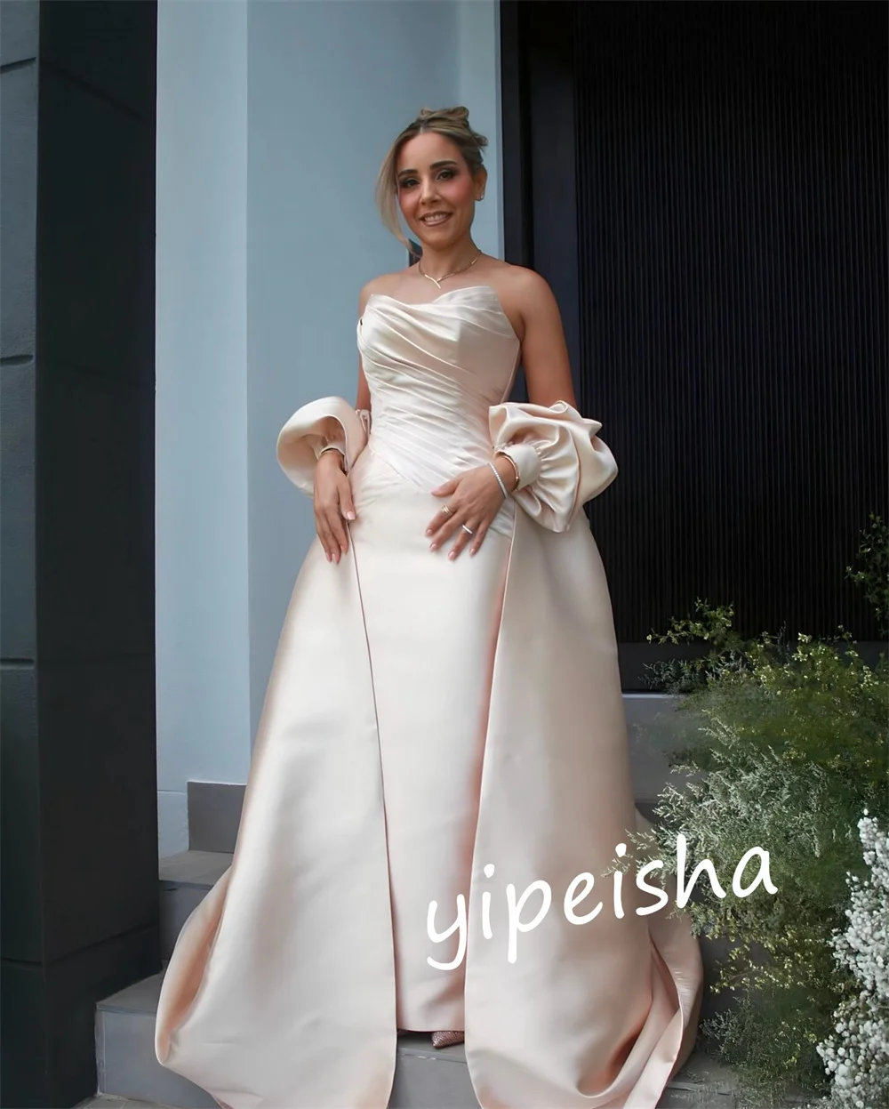 Customized  Evening    Prom Satin Pleat Valentine's Day Gown Strapless Bespoke Occasion Long Es Saudi Arabia