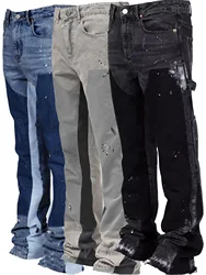 Washed Jeans Men Vintage Ankle Length Trousers Mid Waist Pockets Button Zipper Fly Distressed Denims Streetwear Straight Pants