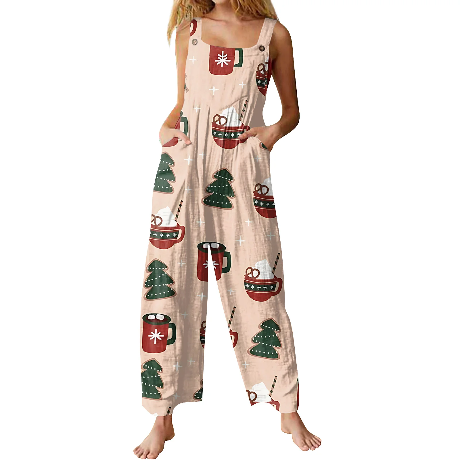 Christmas Theme Print Casual Retro Sleeveless Jumpsuit Loose Strap Jumpsuit Holiday Party Casual Clothes Jumpsuit Daily Dress up