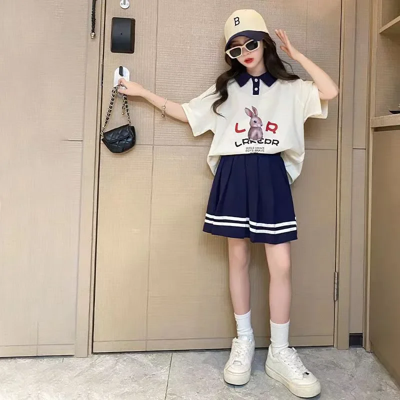 Girls' College Style JK Skirt Suit Summer Sweet Polo Shirt Pleated Skirt Two-piece Set for Outer Wear Children's Sets Longuewear