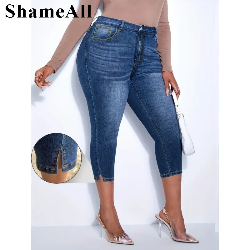 

Women's Plus Size Casual Jeans With Pockets, Button Up Split Hem Skinny Capri Jeans